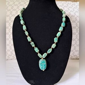 Vintage 1970s Hand Carved Ceramic Bohemian Egyptian Revival Scarab Necklace